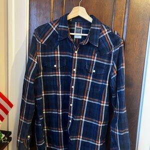 GAP Men's Navy and Orange Plaid Button Down Shirt